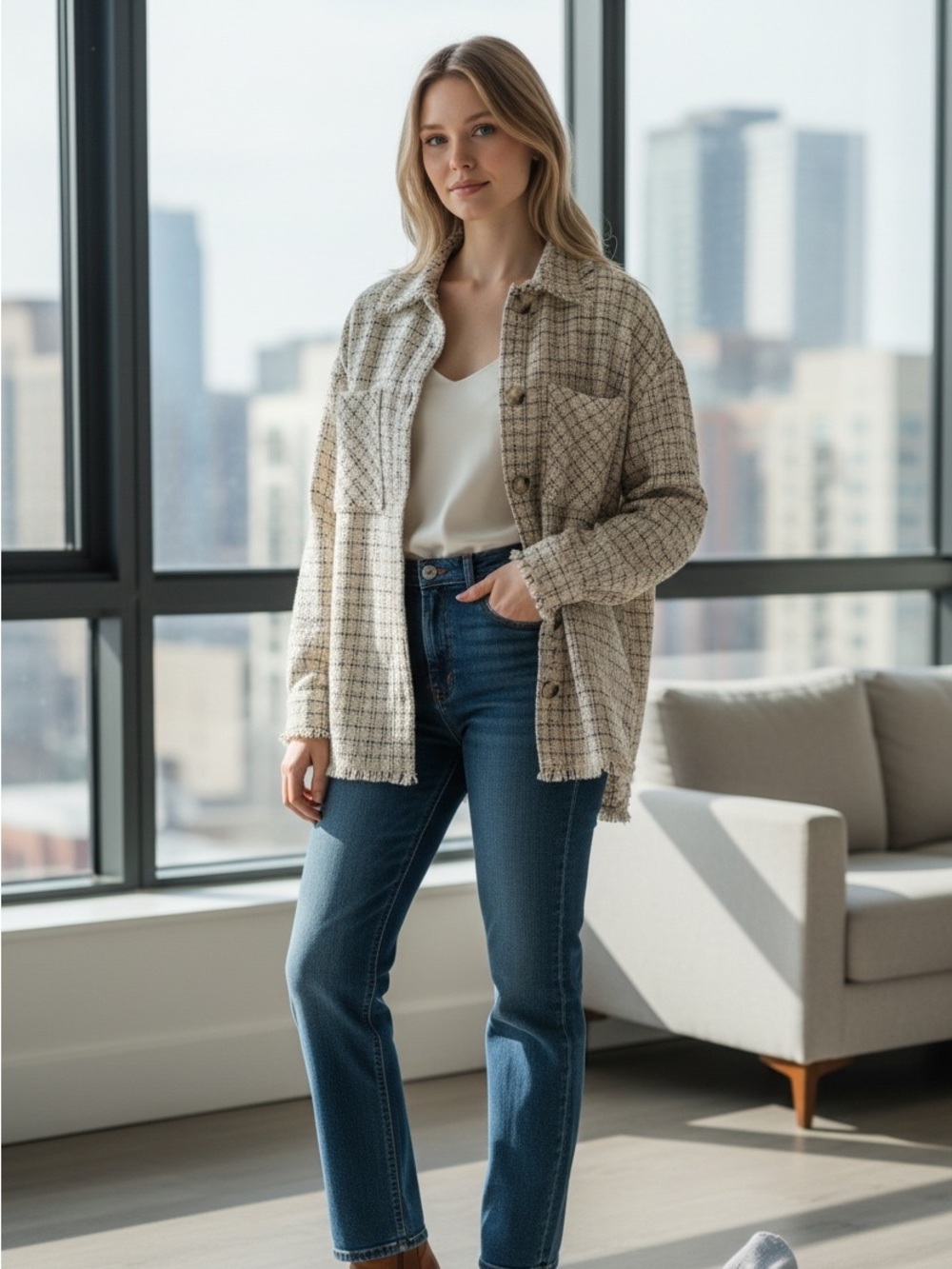 SAGE The Label Small Tweed Shacket Fringe Button Front Oatmeal Oversized Jacket